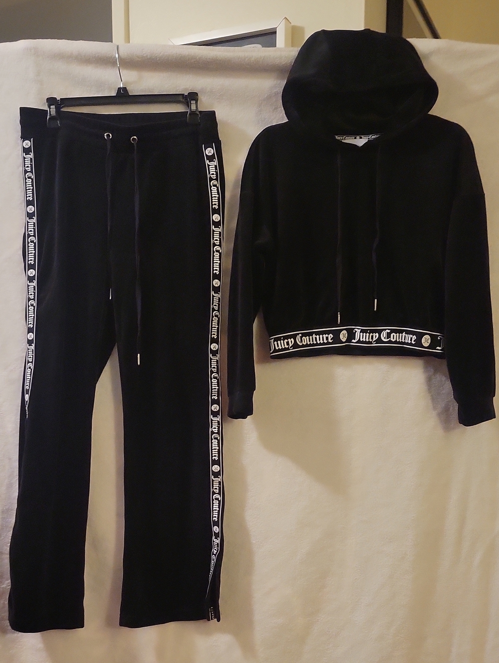 Juicy Couture Black Velour Cropped Hoodie & Track Pants Set